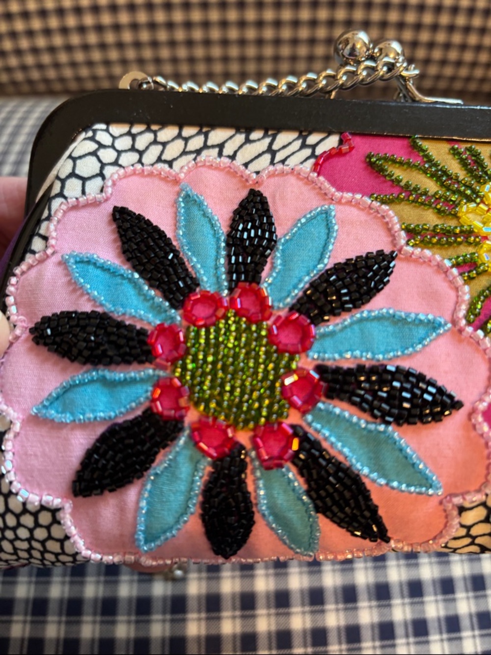 Isabella Fiore Pink Floral Embroidered and bedazzled Clutch with silver Chain - Picture 4 of 13